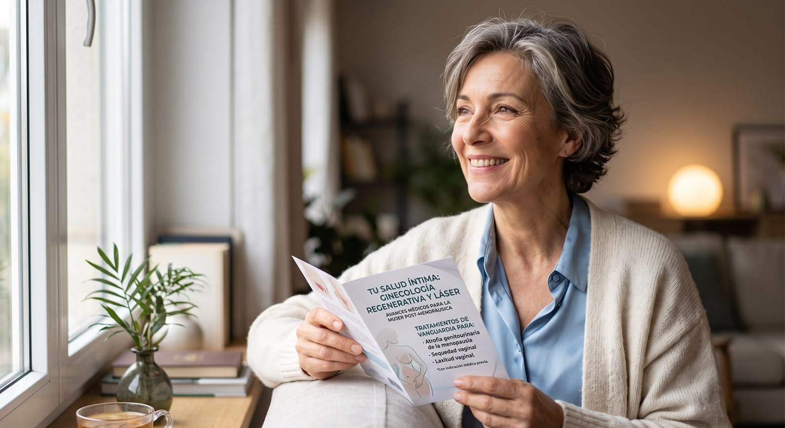 Paciente leyendo un folleto sobre ginecología regenerativa y láser